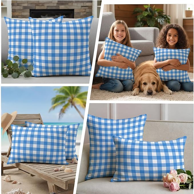 Sky Blue Checks Outdoor Pillow Covers 16"x16" Set of 2, White Gingham Plaid Abstract Modern Coastal Waterproof Throw Pillow Covers for Patio Furniture, Decorative Cushion Covers for Porch