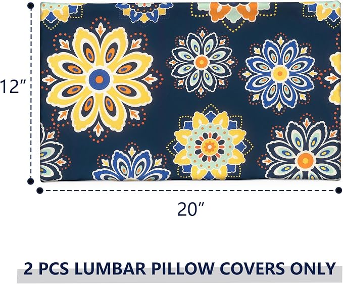 12x20 Inch Lumbae Pillow Covers, Rectangle Waterproof Throw Covers Set of 2, Decorative Patio Furniture Cushion Cases for Porch Garden, Bloom Medallion‌Cobalt