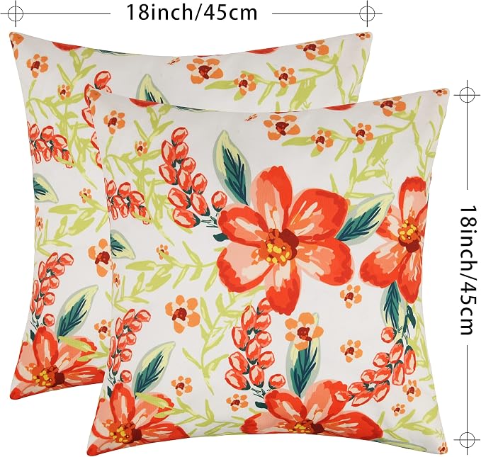 Pyonic Outdoor Pillows Covers Pack of 2 Spring Floral Waterproof Throw Pillow Covers 18X18 inch Outdoor Pillows for Patio Furniture Garden Square Outside Waterproof Pillow