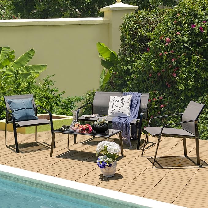 HAPPYGRILL 4 Piece Outdoor Conversation Set Patio Furniture Set, Breathable Fabric Single Chairs & Loveseat, Tempered Glass Coffee Table, Patio Bistro Set for Poolside Yard Garden
