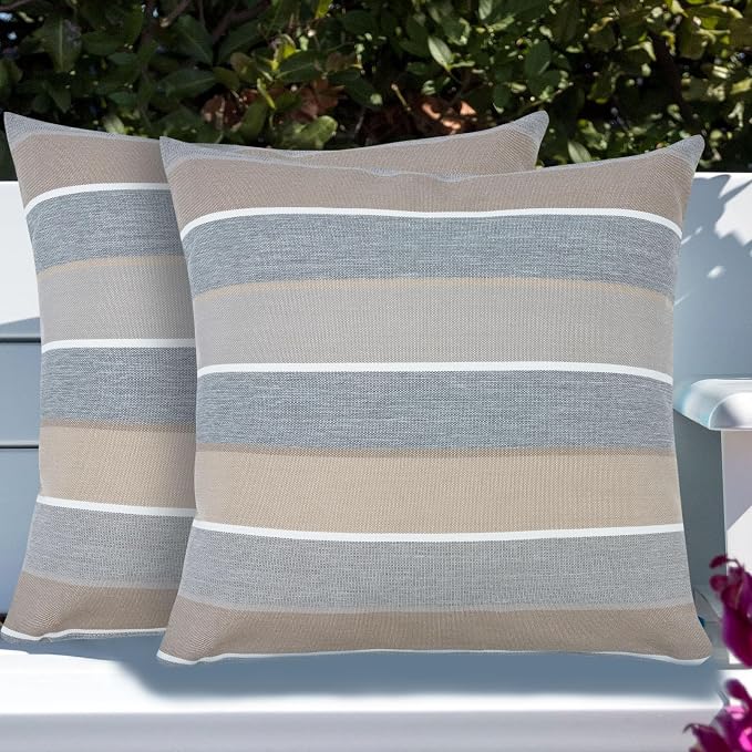 Throw Pillow with Insert, Set of 2, Outdoor Indoor Waterproof Decorative Patio Throw Pillow 18x18 Inch, Square Cushion for Couch Sofa Garden Farmhouse Decoration-Grey Stripe
