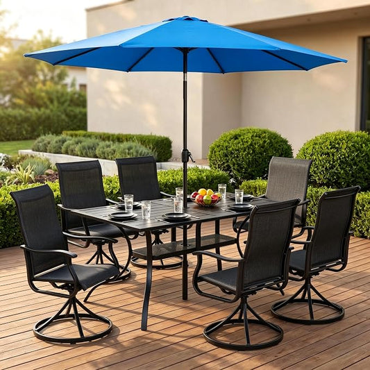 Crownland 7 Piece Furniture Patio Dining Set with Sky Blue Umbrella, 6 Swivel Metal Chairs and Rectangular Outdoor Dining Table, Outdoor Furniture Dining Set for Lawn, Backyard, Garden(Black)