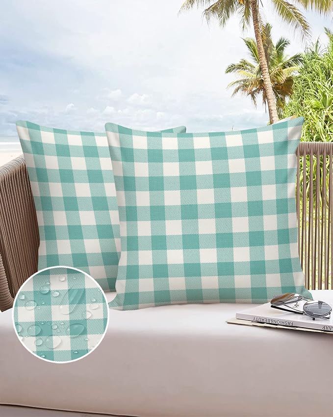 Outdoor Waterproof Throw Pillow Covers Set of 2 Teal Green White Check Plaid Pillowcases 16x16 Inches Farmhouse Style Patio Decorative Pillows Cushion Case Patio Pillows for Couch Bed Chair Garden
