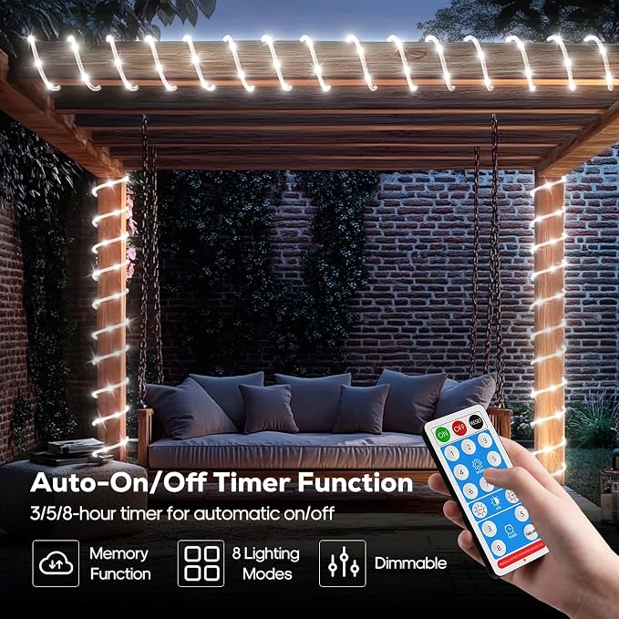 ICRGB Solar Rope Lights Outdoor, 132FT 400 LED (Cool White- 2Pack) | Type C & Solar, With Remote, IP67 Waterproof, 8 Modes, for Outdoor Patio Porch Tree Wedding Christmas Pool Garden Decorative