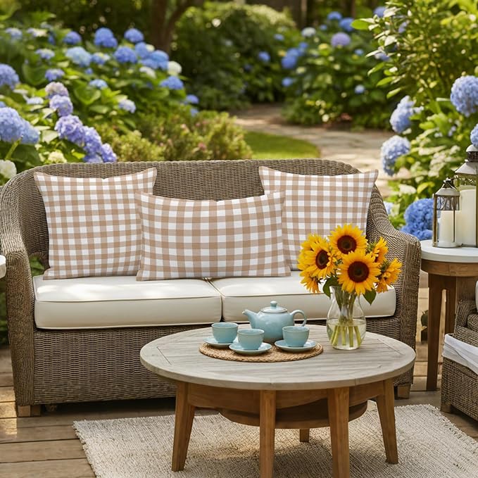 Brown Checks Outdoor Pillow Covers 16"x16" Set of 2, Beige Rustic Gingham Plaid Abstract Modern Waterproof Throw Pillow Covers for Patio Furniture, Decorative Cushion Covers for Porch