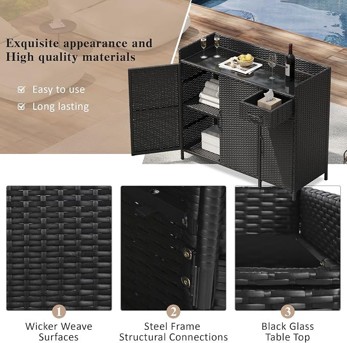47.5" W Wicker Outdoor Storage Cabinet with Tempered Glass Desktop, Adjustable Shelf, Drawer, and Three Doors – Weather-Proof Rattan Bar Table for Outdoor Cushions and Pool Toys