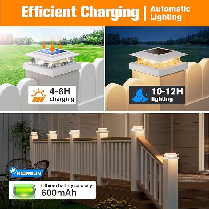 4x4 Post Solar Lights with 2 Modes, Solar Post Lights, 6 Pack White | Solar Post Cap Lights for 4x4 Post Caps Wood Vinyl,5x5 Vinyl Post,IP44 Waterproof Fence Post Solar Lights Outdoor for Deck