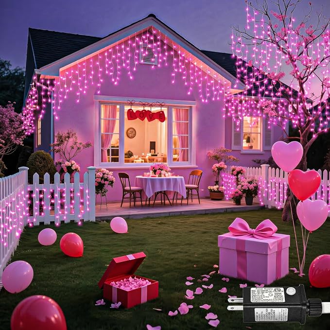 Pink Christmas Lights Outdoor Icicle Lights for Outside 66ft 640 LED String | Twinkle Lights with 8 Modes Connectable Timer Waterproof for House Window Party Wedding Yard Holiday Valentine's Day Decor