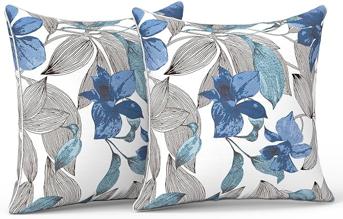 LVTXIII Outdoor/Indoor Pillow Covers, Patio Fade Resistant Throw Pillow Covers ONLY, Waterproof Farmhouse Accent Cushion Cases for Sofa Patio Couch Decoration 18"x18" Set of 2, Clemens Noir Blue
