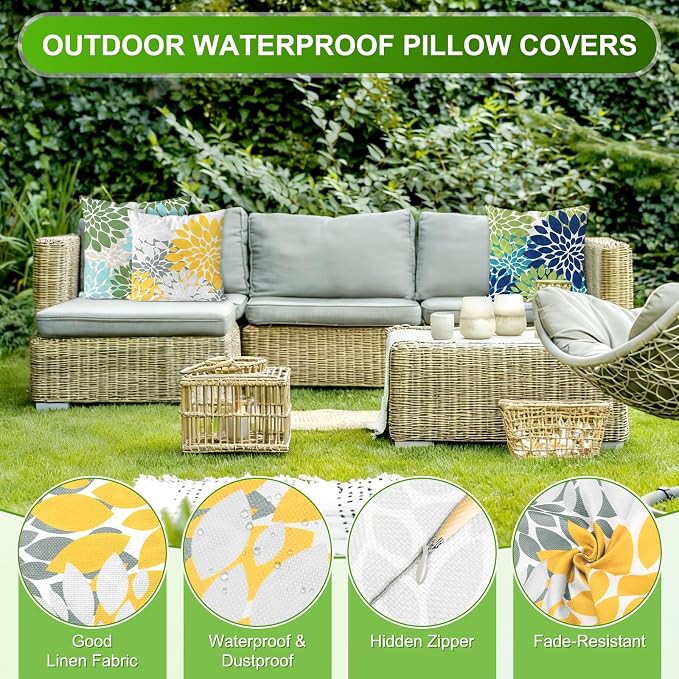 M METERXITY 2-Pack Pillow Cover 20x20 Linen, Yellow Gray | Water Resistant Floral Decor Slipcover, for Patio, Balcony, Garden, Outdoor Pillow Case