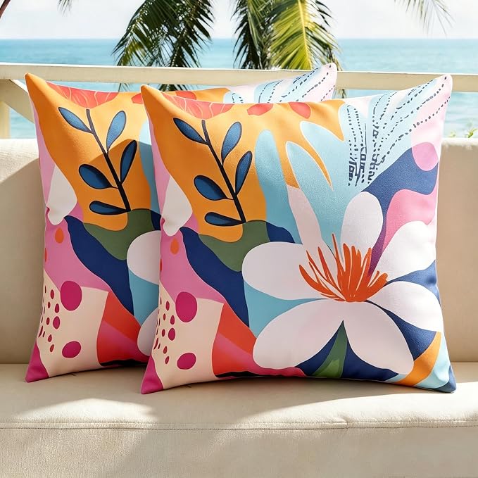 Outdoor Pillow Covers Waterproof Cushion Covers Patio Pillows Case 2 Pack | 18x18inch,Printed Boho Flowers,Seamless,Hidden Zipper,Machine Washable,Perfect decoration for Porch,Patio,Balcony