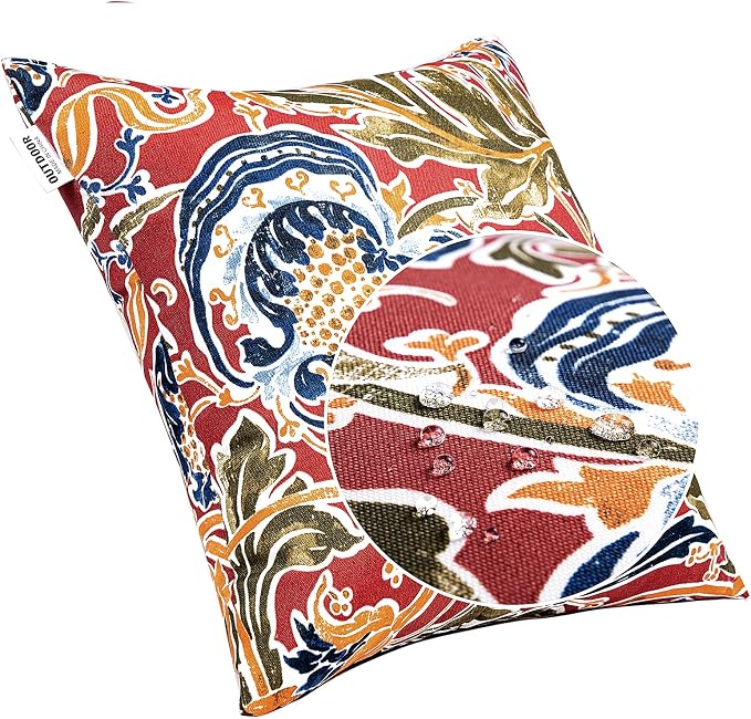 JMGBird Porch Pillows Waterproof Outdoor Lumbar Pillow Covers with Insert | Water-Resistant Outdoor Pillows Set of 2, 18x18 inch Durable Red with Pomegranate Flower Pattern Throw Pillows