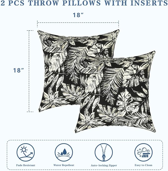 LVTXIII 2 Pack Outdoor Pillows 18x18 Inch, Square Throw Pillows with Inserts, Decorative Water-Repellent Pillow Cushions for Patio Furniture and Garden Sofa, Tropical Leaf Black