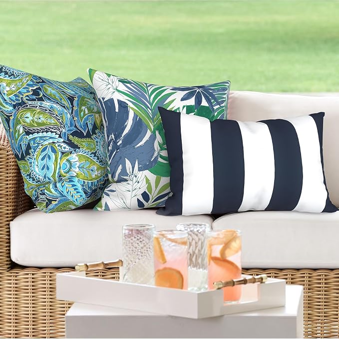 DYTXIII Pack of 2 Outdoor Waterproof Lumbar Pillow Covers ONLY, 12x20 Rectangle Decorative Double Printed Pillow Cases for Patio Couch Porch Furniture - Cabana Navy