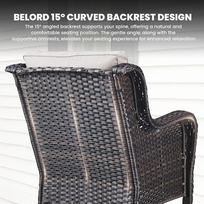 Belord Outdoor Furniture Set Patio Wicker Chairs, 3 Peices Porch Rattan Furniture with Side Table, Deep Seating Patio Bistro Chair Sets (Beige Cushion)