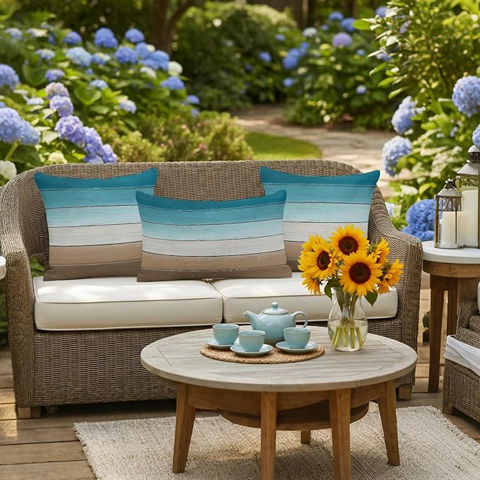 Turquoise Brown Outdoor Pillow Covers 16x16 Inch Throw Pillow Covers Set of 2 Waterproof Decorative Pillow Cases Farmhouse Retro Wooden Grain Striped Cushion Covers for Patio Furniture Garden Couch