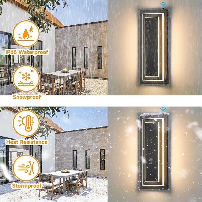 Dusk to Dawn Outdoor Wall Light,Exterior Light Fixtures 15.7 in,24W | 2-Tier Black Modern Outside Lights For House,Porch,Garage,Front Door,Patio With 3000K Warm White LEDs,Waterproof, 1 Pack