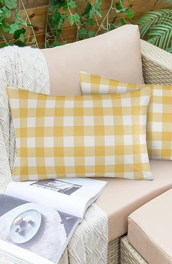 Outdoor Waterproof Throw Pillow Covers Set of 2 Yellow Buffalo Check Plaid Lumbar Pillowcases 20x12 Inches Farmhouse Style Patio Decorative Pillows Cushion Case Patio Pillows for Couch Bed Garden