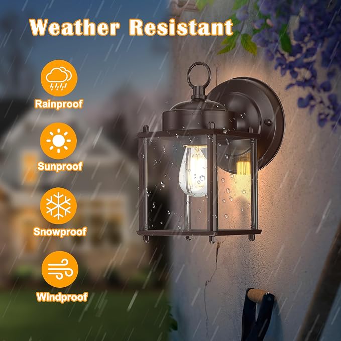 Outdoor Wall Light, Porch Lamp, Rustproof Waterproof, Bronze | Exterior Wall Sconce Fixture for House, Garage, Patio, Metal Housing with Glass, E26 Base, 4 Pack