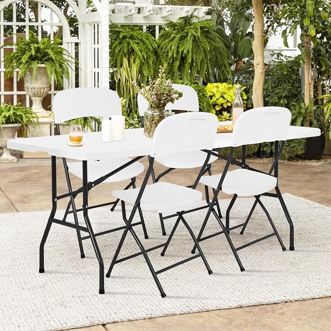 6ft Folding Table and Chairs, Outdoor Folding Chairs Set of 4, Foldable Table with Handle, Tables and Chairs for Parties, Picnic, Event, Indoor Outdoor Activities, at Home and Commercial Use, White