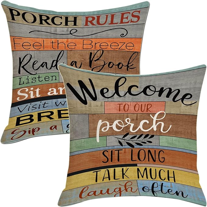 Decorative Outdoor Pillow Covers Porch Rules Sign Farmhouse Throw Pillow Covers, Square Linen Patio Cushion Cases for Couch Bench Seat Chair Car 18x18 Inch