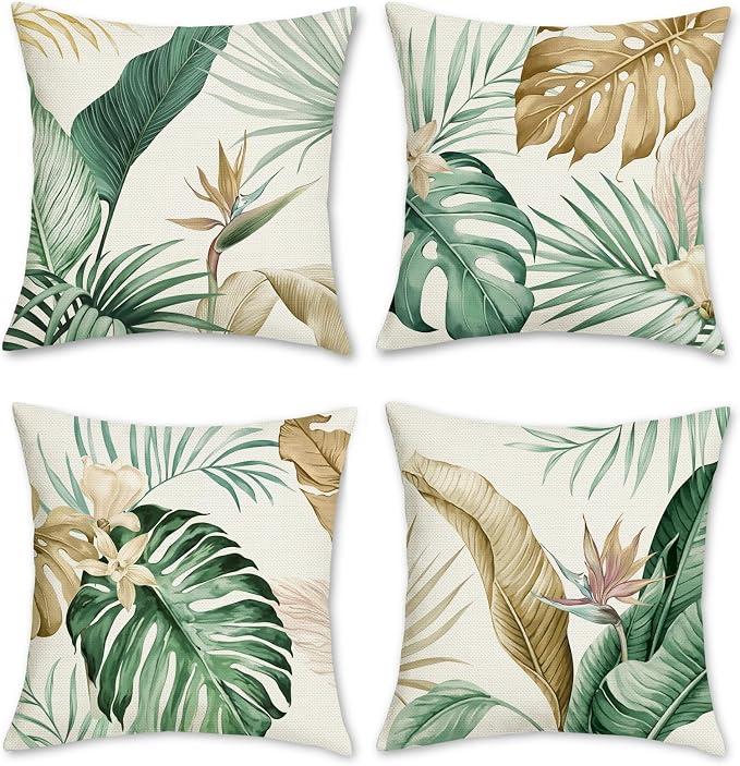 Bonhause Tropical Leaves Throw Pillow Covers 16 x 16 Inch Green Brown Leaf Decorative Pillow Cases Polyester Linen Outdoor Cushion Covers for Sofa Bed Home Decor Set of 4