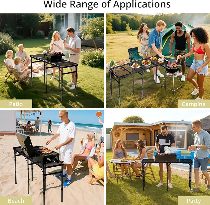Anbte 4 ft 4-Fold Portable Grill Table, 3 Adjustable Height Max 27.5" | Aluminum, Heat-Resistant Mesh Tabletop, Portable Handle, Waterproof, for Outdoor Cooking Patio BBQ Picnic, Black
