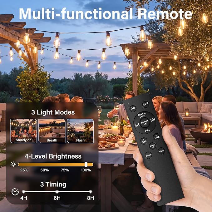 Guhope 54 FT Outdoor String Lights for Outside, Dimmable ST38 Edison LED Patio Lights with Timer, 3 Lighting Modes, IP45 Waterproof String Lights with Remote for Backyard Garden Porch Party Decor