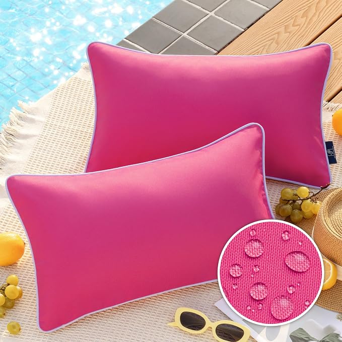 Phantoscope Pack of 2 Outdoor Waterproof Throw Pillow Covers Decorative Square Outdoor Pillows Cushion Case Patio Pillows for Couch Tent, Hot Pink 12x20 inches 30x50 cm