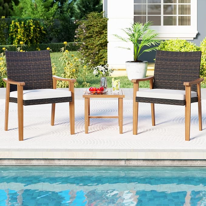 HAPPYGRILL 3 Piece Patio Furniture Set Acacia Wood Chair & Side Table Set with Rattan Seat & Back, Outdoor Wicker Bistro Conversation Set for Balcony, Porch, Backyard