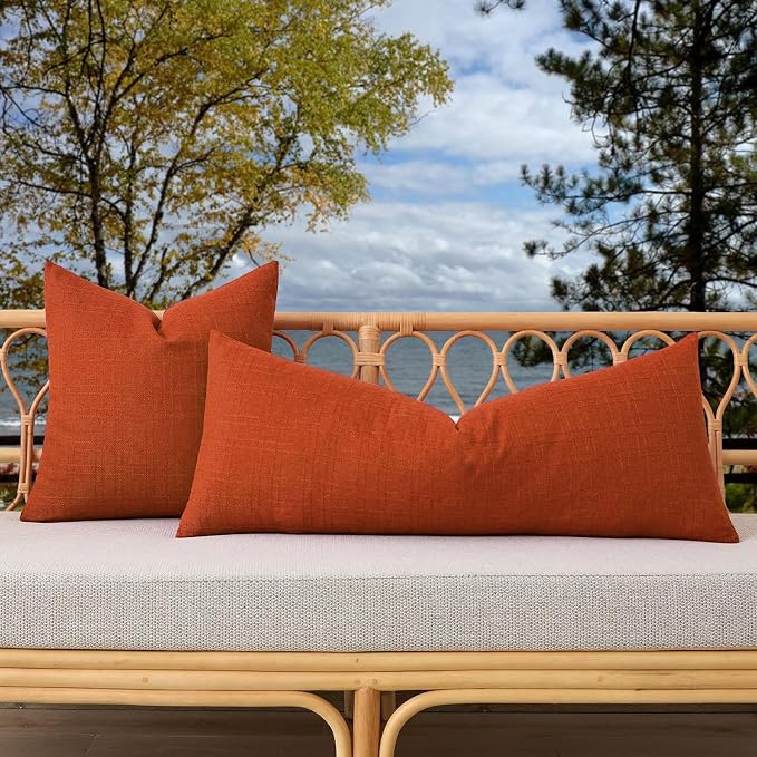 Kevin Textile Outdoor Waterproof 14”x36” Pillow Cover 1 Pack, Dark Orange | Water Resistant, Soft Faux Linen-cotton Yarn-dyed Woven Texture Throw Pillow Covers for Tent Patio Garden Couch Sofa