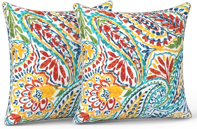 LVTXIII Pack of 2 Outdoor Throw Pillow Covers Accent Waterproof Pillow Covers ONLY, Patio Square Cushion Cases for Garden Balcony Couch Sofa Decoration 20x20 inch, Paisley Multi