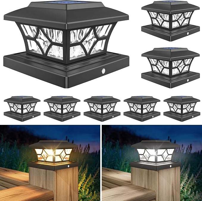 VOLISUN Solar Post Cap Lights Outdoor, Solar Powered Fence Cap Lights for 4x4 Vinyl/Wood, Black Waterproof Solar Deck Post Light 8Pack Cool/Warm for Garden Patio Porch