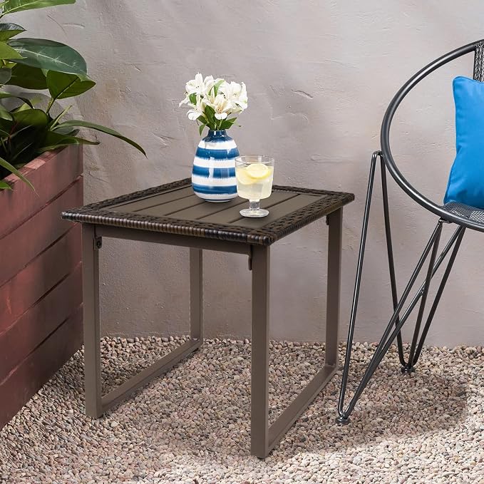 Wicker Outdoor Side Table Metal Patio Coffee Table, Square End Table with Wicker Edge & Slatted Metal Top, for Lawn Garden Backyard, Brown