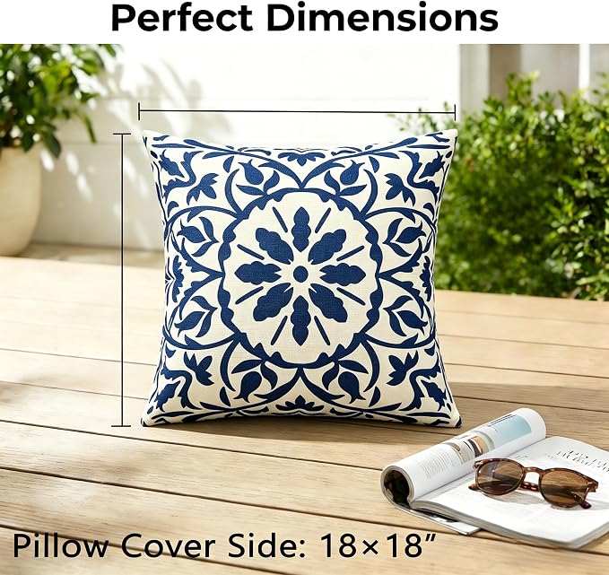 JMGBird 18x18 Blue Boho Outdoor Pillows Waterproof Outdoor Accent Pillows | outside pillows,outdoor throw pillows waterproof