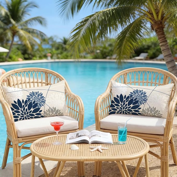 OTOSTAR Outdoor Dark Blue Light Blue Pillow Covers 16x24 Inch Set of 2 White Flower Throw Pillows Farmhouse Geometric Dahlia Floral Lumbar Cushion Case Waterproof Decor for Sofa Patio Funiture Garden