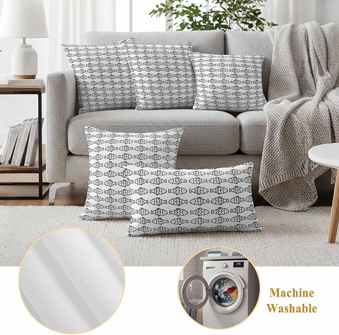 Summer Funny Animals Outdoor Waterproof Throw Pillow Covers Set of 2, 20"x20", Abstract Oceans Black Line Fish Texture Decorative Pillow Covers Outside Cushion Case for Patio Porch Garden