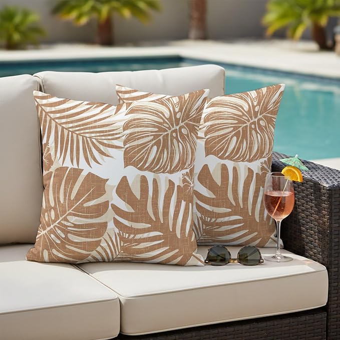 Brown Palm Leaves Outdoor Pillow Covers 18"x18" Set of 2, Tropical Botanical Minimalist Modern Waterproof Throw Pillow Covers for Patio Furniture, Decorative Cushion Covers for Porch