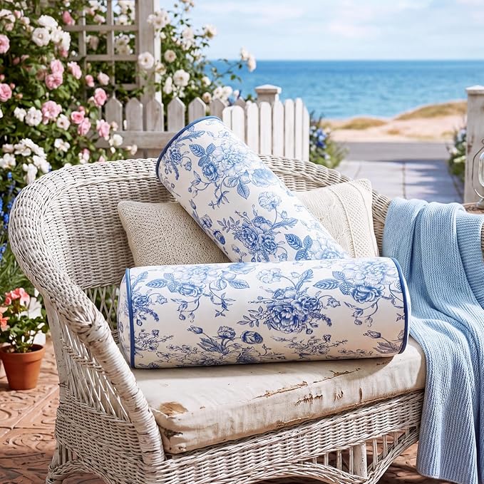 Set of 2 Blue Floral Outdoor Bolster Pillows with Inserts, 6 x 20 Inch, Blue White Chinoiserie, Water Repellent Throw Pillow Patio Neck Waist Cushion for Backyard Bed Couch Sofa Poolside