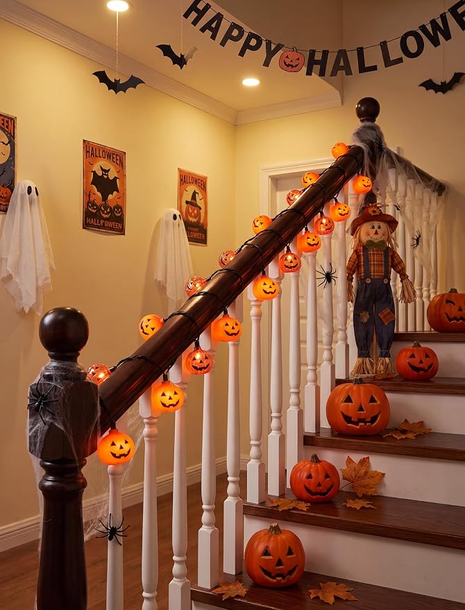 Halloween Decorations Pumpkin String Lights - 20 LED 12 FT 3D Cute Waterproof Light up Orange Jack-O-Lantern Plug-in Lights, Waterproof for Home Yard Party Indoor Outdoor Decor, Connectable