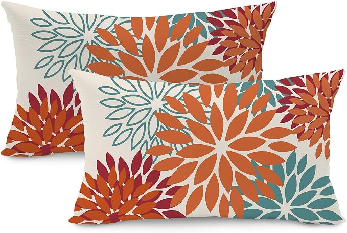 DFXSZ Outdoor Waterproof Pillow Covers 12x20 Set of 2 Orange Teal Flower | Spring Summer Waterproof Flower Throw Pillowcases（No Inserts）Outdoor Decor for Fall Patio Funiture Garden Polyester Covers