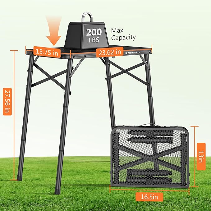 Folding Grill Table for Outside, 3 Height Adjustable Small Camping Table with Mesh Bag, Metal Aluminum Folding Table, 23.62 x 15.75 inches, Portable Grill Stand for Picnic, Camping, BBQ, Beach, Black