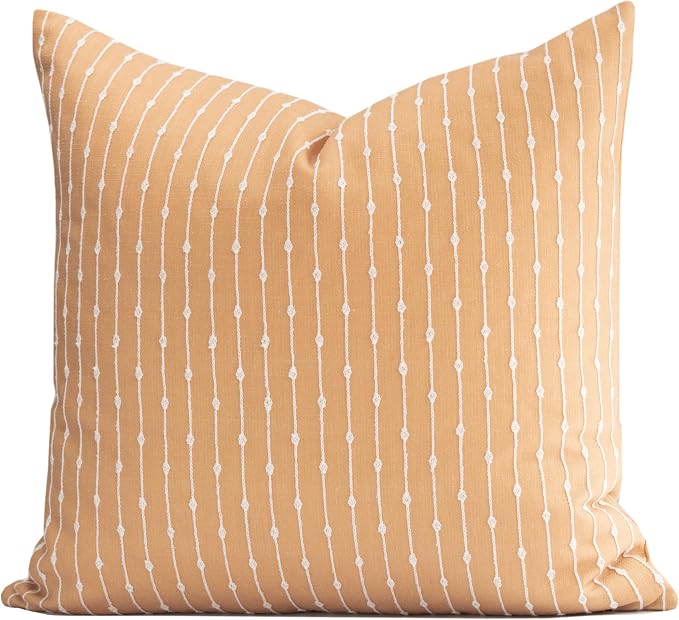 Modern Farmhouse Fall Linen Indoor Outdoor Throw Pillow Cover Only, 20"x20" Water Repellent for Patio, Backyard, Couch, Mustard Yellow Neutral Embroidered Stripes