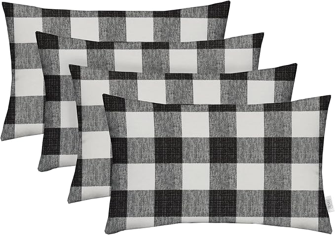 RSH DECOR: Lumbar Throw Pillows Set of 4 | 20” x 12" | All-Weather Spun Fabric | Water and Fade-Resistant | Outdoor Support Pillows for Patio Furniture | Black Buffalo Plaid