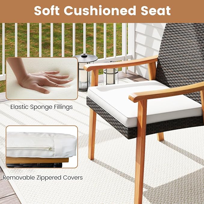 HAPPYGRILL 3 Piece Patio Furniture Set Acacia Wood Chair & Side Table Set with Rattan Seat & Back, Outdoor Wicker Bistro Conversation Set for Balcony, Porch, Backyard