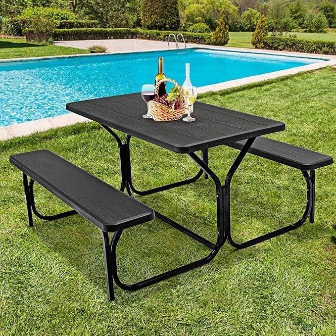 Hysache Picnic Table Bench Set, Patio All Weather Metal Base Camping Set w/Wood Texture Tabletop, Steel Frame, Large Tables for Backyard Poolside Garden Lawn (Black) (OP3499)