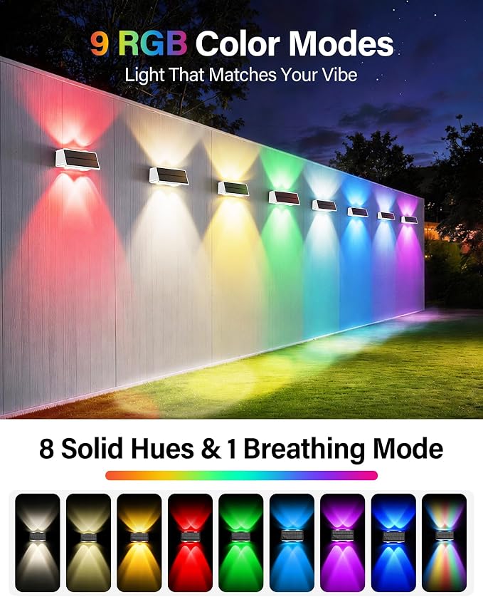 Solar Fence Lights Outdoor, 10 Pack Fence Solar Lights Waterproof | IP65 Fence Lights Solar Powered Up & Down LED Focus, 9 Color Modes, 12H Dusk to Dawn Glow for Pool/Patio/Backyard - White