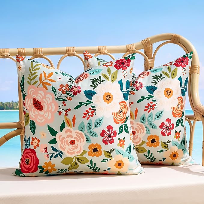 Summer Floral Outdoor Pillow Covers Waterproof Decorative Green Pillow Covers Accent Square Couch Covers Garden Farmhouse Throw Cushion Cases 20x20 Inch Set of 2 for Patio Tent Balcony Bench Sofa