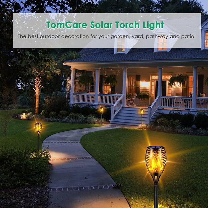 TomCare Flickering Flame Solar Torch Lights Outdoor, 43" Tall, 2 Pack | Realistic 99-LED Flame Effect, Charges in 6-8 Hours, 10-12-Hour Runtime, IP65 Waterproof, Auto On/Off for Yard, Patio, Garden