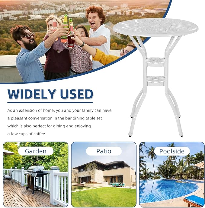 Outdoor Cast Aluminum Bar Table, 31" Patio Bar Height Table with 2" Umbrella Hole, All Weather High Top Bistro Round Dining Table for Outside Deck Porch Balcony Poolside, White